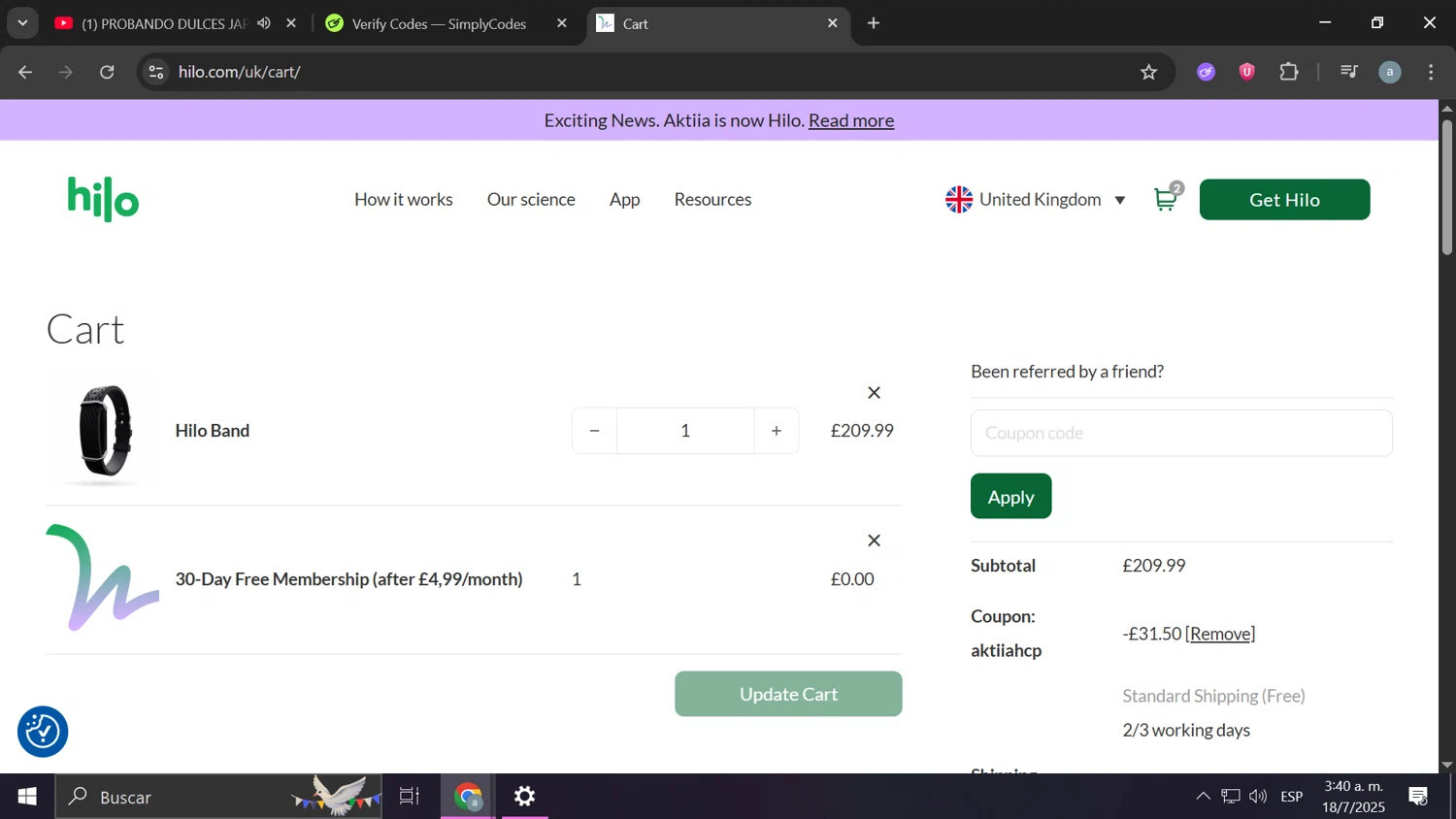 Hilo UK promo code screenshot showing code AktiiaHCP applied at Hilo UK checkout page. Uploaded by SimplyCodes community member Anderson on Jul 18, 2025