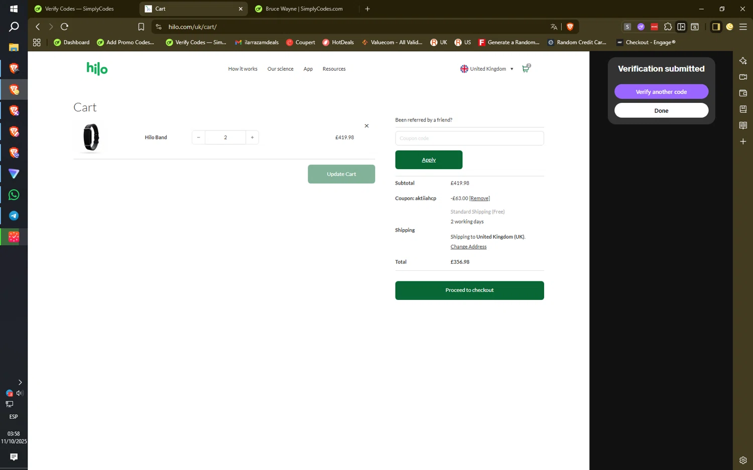 Hilo UK promo code screenshot showing code AktiiaHCP applied at Hilo UK checkout page. Uploaded by SimplyCodes community member ilarrazaM6 on Oct 11, 2025