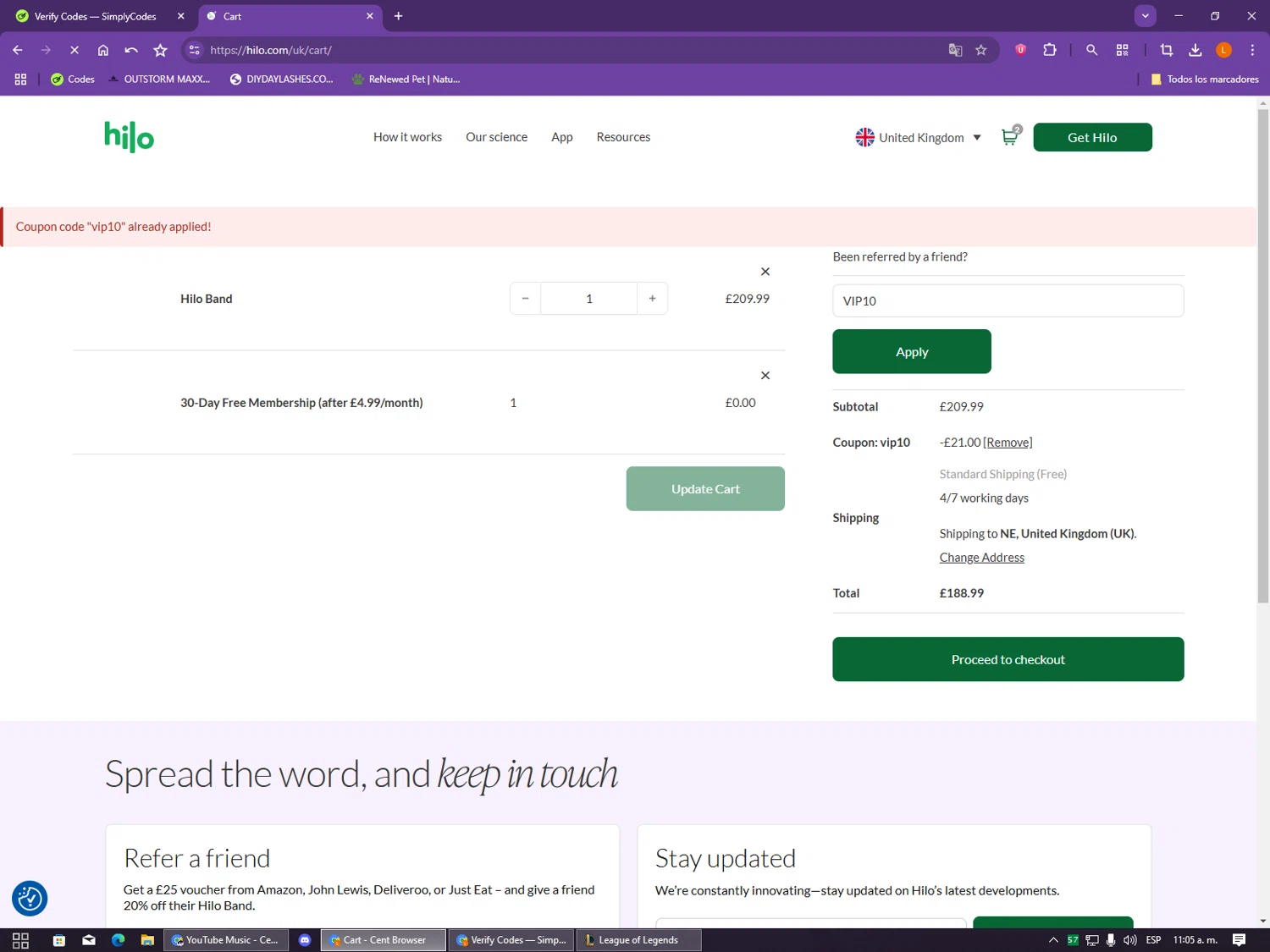 Hilo UK promo code screenshot showing code VIP10 applied at Hilo UK checkout page. Uploaded by SimplyCodes community member CleverCollector2986 on Sep 14, 2025