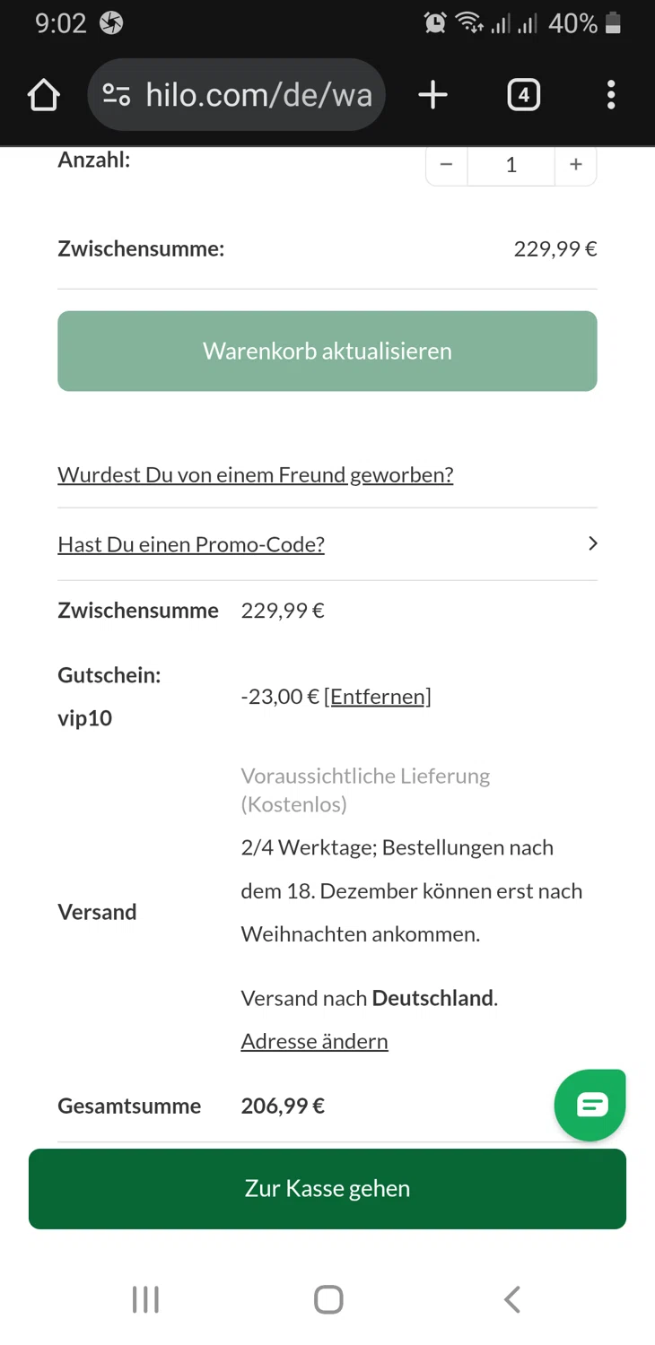 Hilo UK promo code screenshot showing code VIP10 applied at Hilo UK checkout page. Uploaded by SimplyCodes community member GloriousFinder136 on Dec 25, 2025