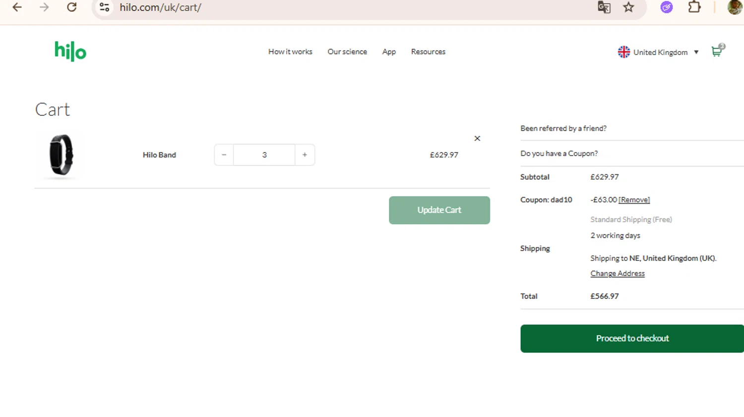 Hilo UK promo code screenshot showing code dad10 applied at Hilo UK checkout page. Uploaded by SimplyCodes community member BudgetLion5814 on Sep 25, 2025