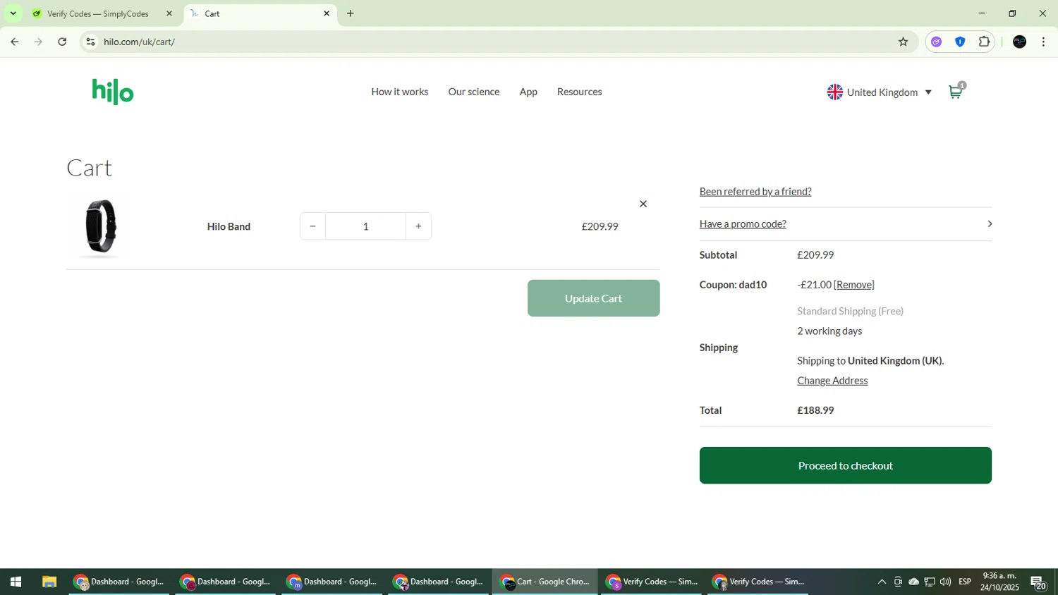 Hilo UK promo code screenshot showing code dad10 applied at Hilo UK checkout page. Uploaded by SimplyCodes community member CarmenVGR on Oct 24, 2025