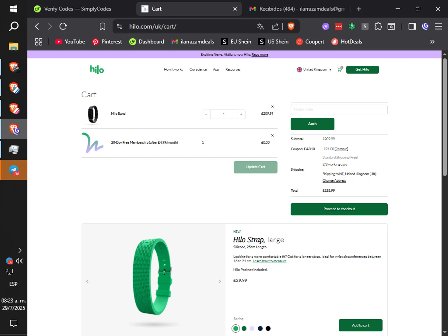 Hilo UK promo code screenshot showing code dad10 applied at Hilo UK checkout page. Uploaded by SimplyCodes community member ilarrazaM4 on Jul 29, 2025