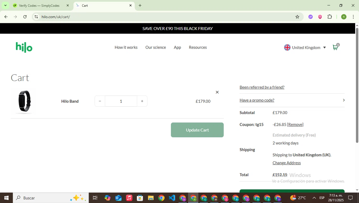 Hilo UK promo code screenshot showing code tg15 applied at Hilo UK checkout page. Uploaded by SimplyCodes community member SwiftSaver6197 on Nov 28, 2025