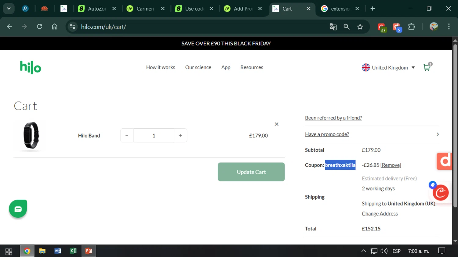 Hilo UK promo code screenshot showing code breathxaktiia applied at Hilo UK checkout page. Uploaded by SimplyCodes community member ESTHER3121 on Nov 28, 2025