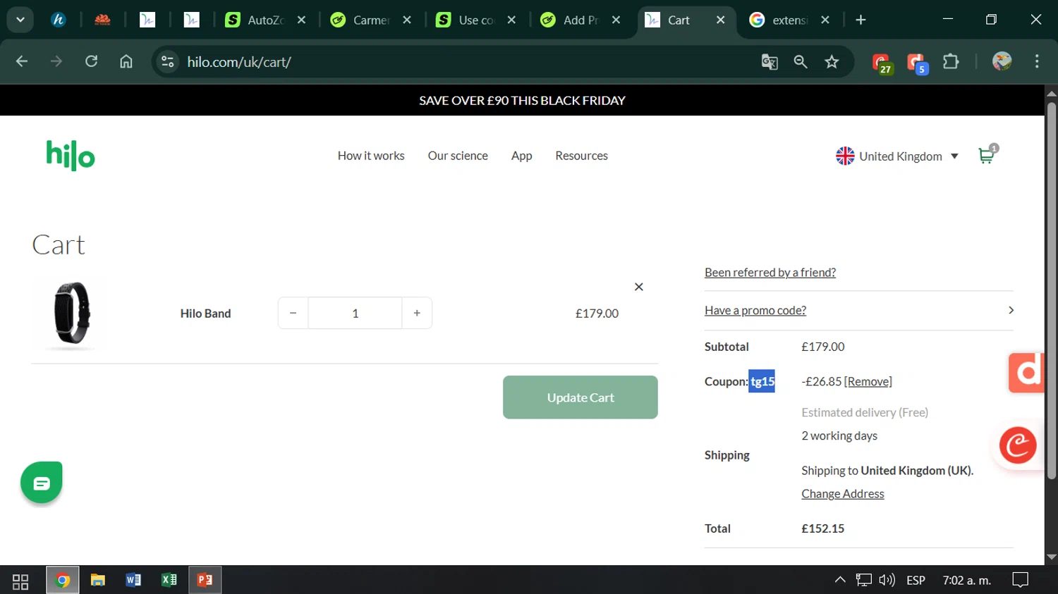 Hilo UK promo code screenshot showing code tg15 applied at Hilo UK checkout page. Uploaded by SimplyCodes community member ESTHER3121 on Nov 28, 2025