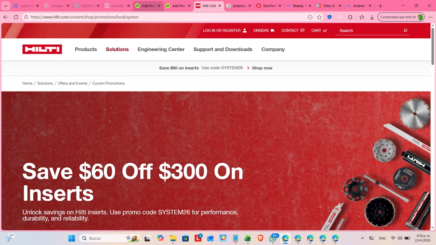 HILTI promo code screenshot showing code SYSTEM26 applied at HILTI checkout page. Uploaded by SimplyCodes community member cosita on Apr 24, 2026