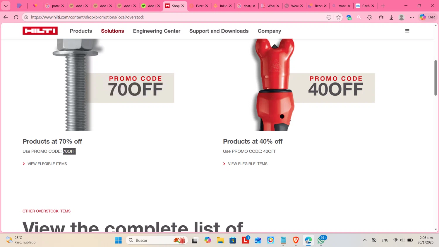 HILTI promo code screenshot showing code 70OFF applied at HILTI checkout page. Uploaded by SimplyCodes community member cosita on Jan 30, 2026