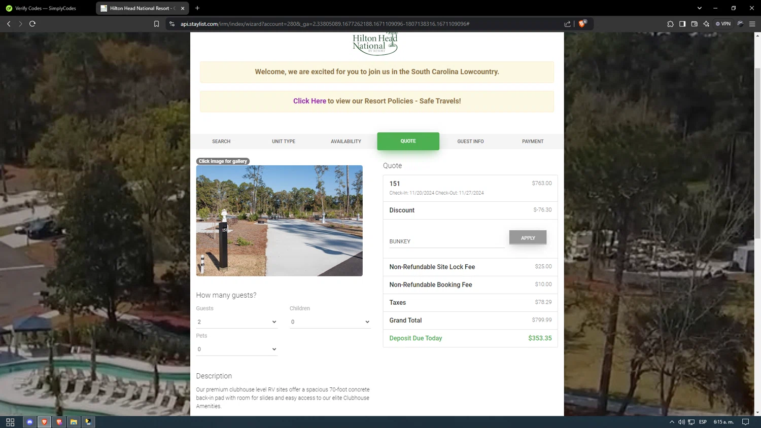 Hilton Head National RV Resort checkout page showing Hilton Head National RV Resort promo code box | Screenshot taken by SimplyCodes community member on Nov 1, 2024