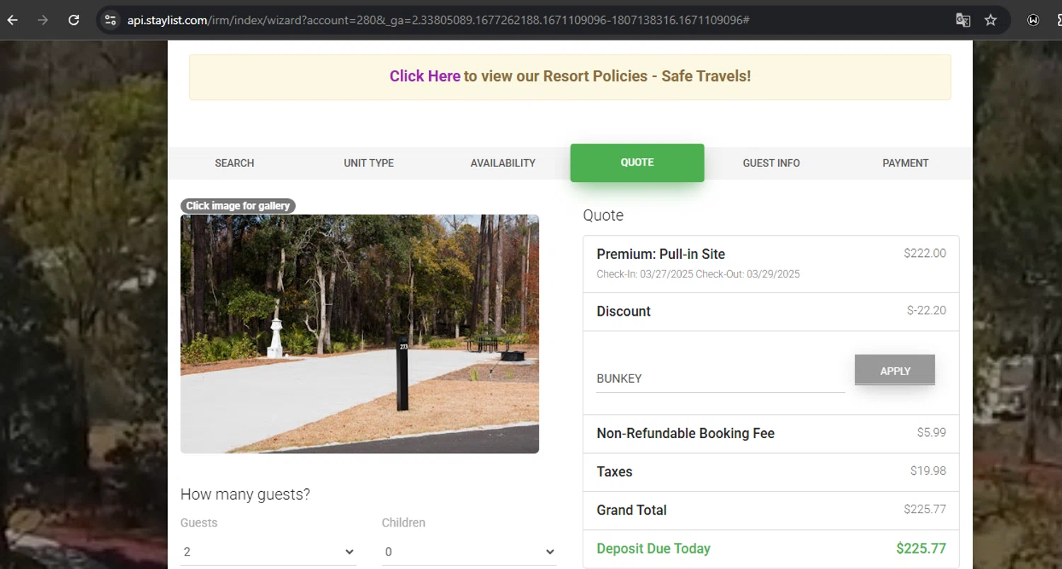 Hilton Head National RV Resort promo code screenshot showing code BUNKEY applied at Hilton Head National RV Resort checkout page. Uploaded by SimplyCodes community member RoyalSpotter5217 on Mar 23, 2025