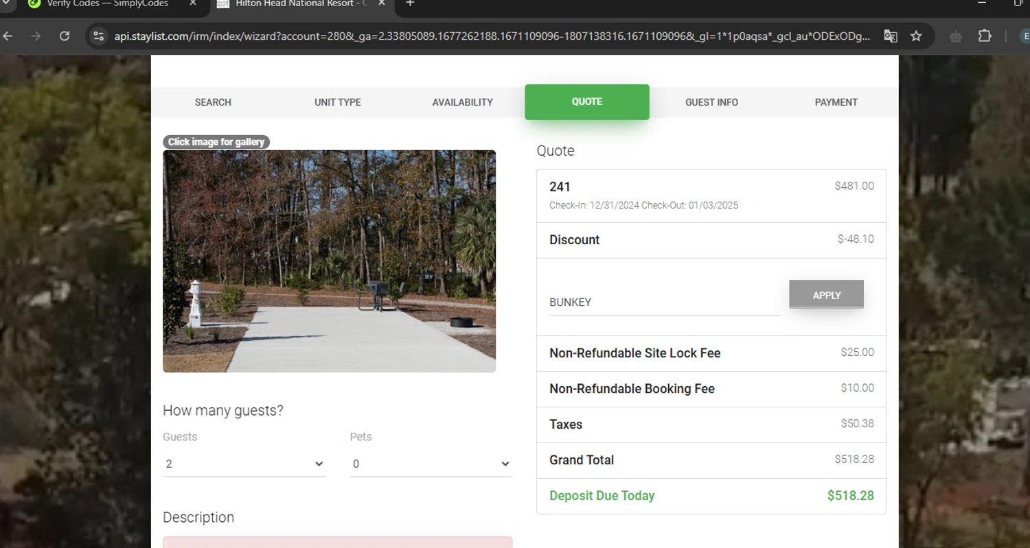 Hilton Head National RV Resort checkout page showing Hilton Head National RV Resort promo code box | Screenshot taken by SimplyCodes community member on Dec 29, 2024
