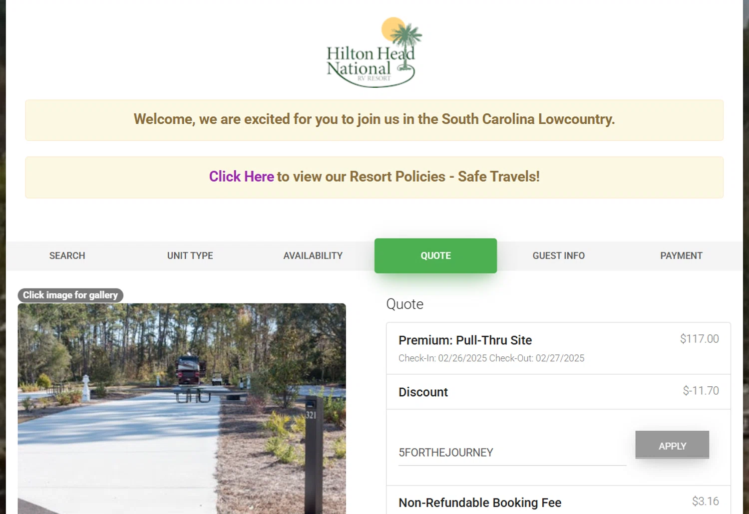 Hilton Head National RV Resort checkout page showing Hilton Head National RV Resort promo code box | Screenshot taken by SimplyCodes community member on Feb 25, 2025