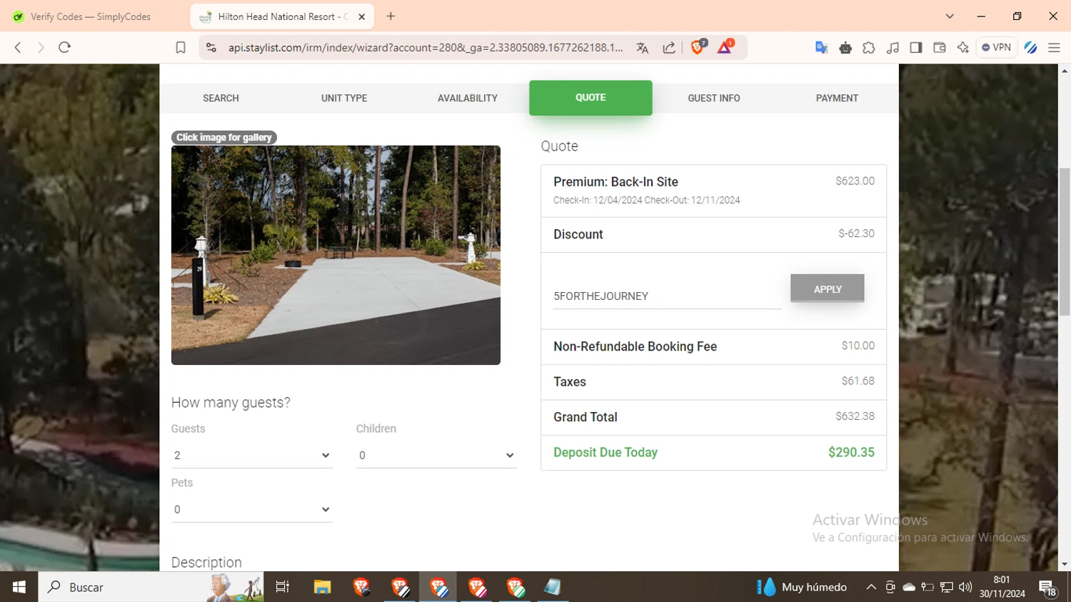 Hilton Head National RV Resort checkout page showing Hilton Head National RV Resort promo code box | Screenshot taken by SimplyCodes community member on Nov 30, 2024