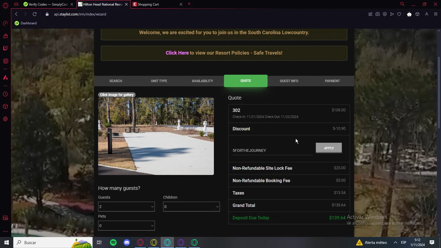 Hilton Head National RV Resort checkout page showing Hilton Head National RV Resort promo code box | Screenshot taken by SimplyCodes community member on Nov 1, 2024