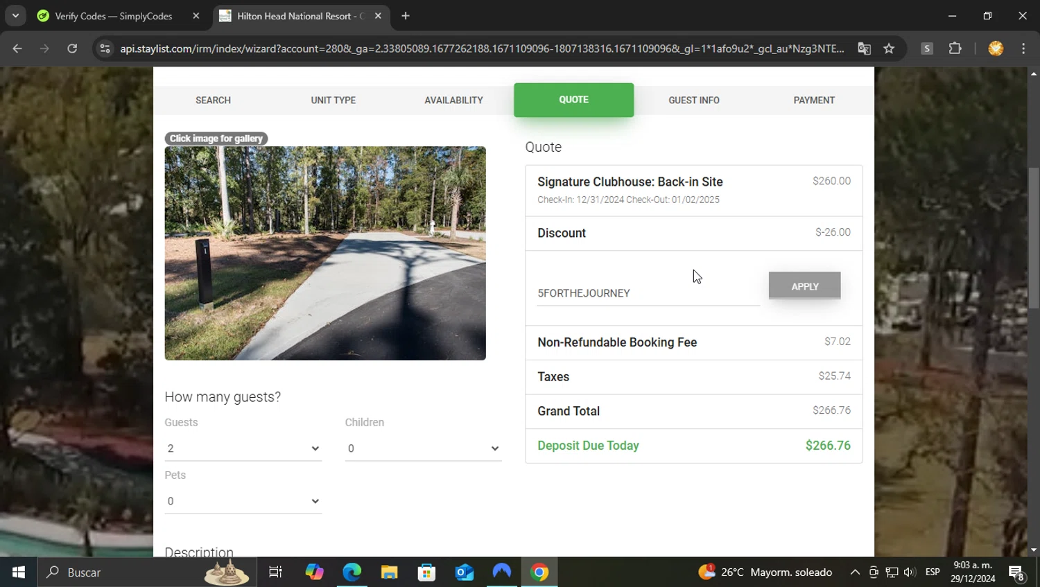 Hilton Head National RV Resort checkout page showing Hilton Head National RV Resort promo code box | Screenshot taken by SimplyCodes community member on Dec 29, 2024