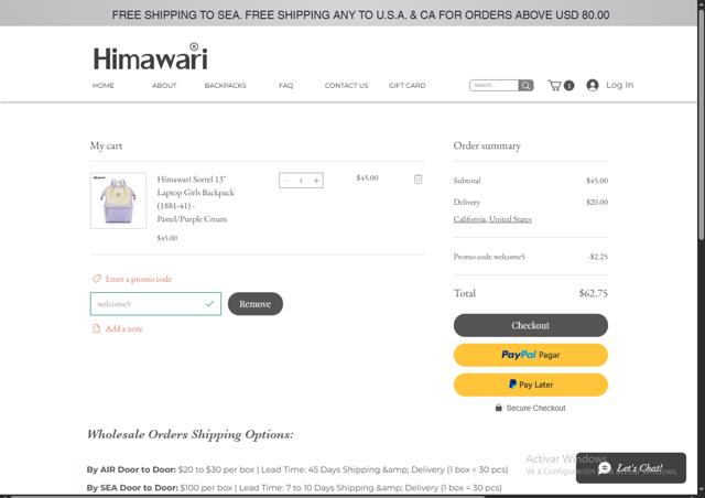 Himawari checkout page showing Himawari promo code box | Screenshot taken by SimplyCodes community member on Jun 7, 2025