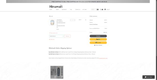 Himawari checkout page showing Himawari promo code box | Screenshot taken by SimplyCodes community member on Feb 9, 2025
