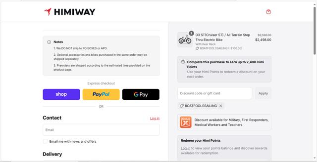 Himiway Bike checkout page showing Himiway Bike discount code box | Screenshot taken by SimplyCodes community member on Sep 9, 2025