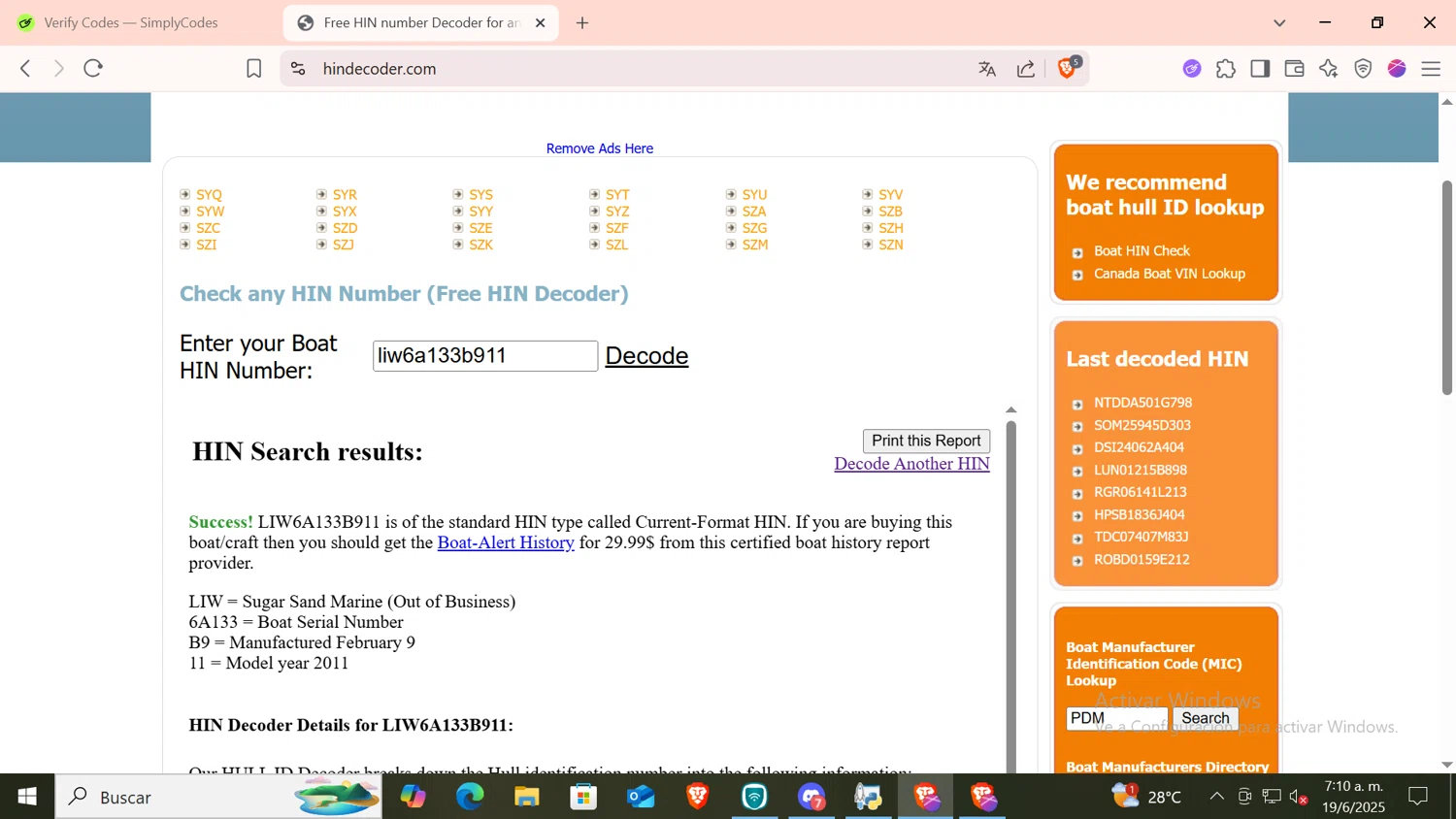 HIN Decoder promo code screenshot showing code liw6a133b911 applied at HIN Decoder checkout page. Uploaded by SimplyCodes community member CODMOBILE1 on Jun 19, 2025