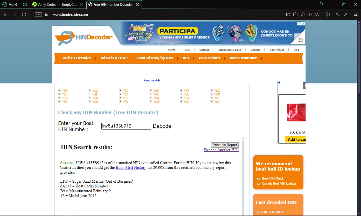 HIN Decoder promo code screenshot showing code liw6a133b912 applied at HIN Decoder checkout page. Uploaded by SimplyCodes community member omare29 on Feb 8, 2025