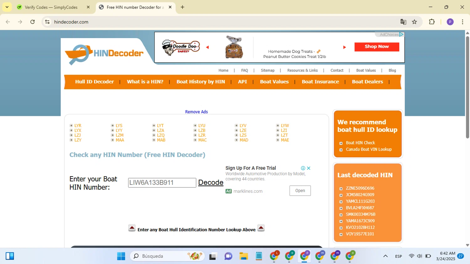 HIN Decoder promo code screenshot showing code liw6a133b913 applied at HIN Decoder checkout page. Uploaded by SimplyCodes community member MoneyGenius4709 on Mar 24, 2025
