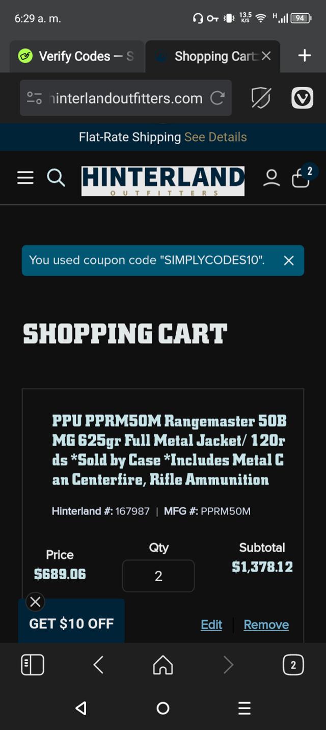 Hinterland Outfitters checkout page showing Hinterland Outfitters promo code box | Screenshot taken by SimplyCodes community member on Feb 13, 2025