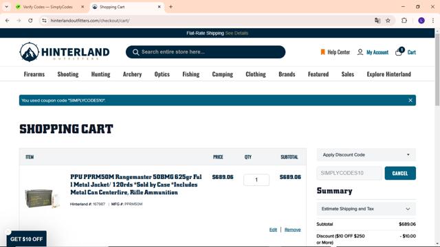 Hinterland Outfitters checkout page showing Hinterland Outfitters promo code box | Screenshot taken by SimplyCodes community member on Feb 13, 2025