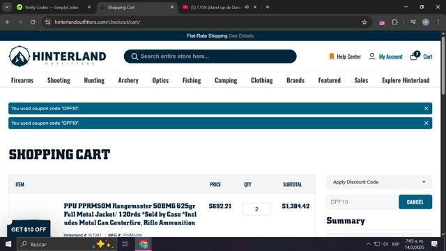 Hinterland Outfitters checkout page showing Hinterland Outfitters promo code box | Screenshot taken by SimplyCodes community member on Mar 14, 2025