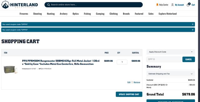 Hinterland Outfitters checkout page showing Hinterland Outfitters promo code box | Screenshot taken by SimplyCodes community member on Feb 13, 2025