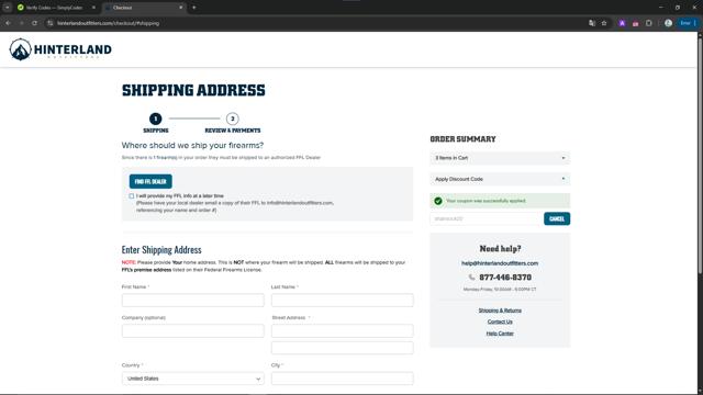 Hinterland Outfitters checkout page showing Hinterland Outfitters promo code box | Screenshot taken by SimplyCodes community member on Mar 17, 2025