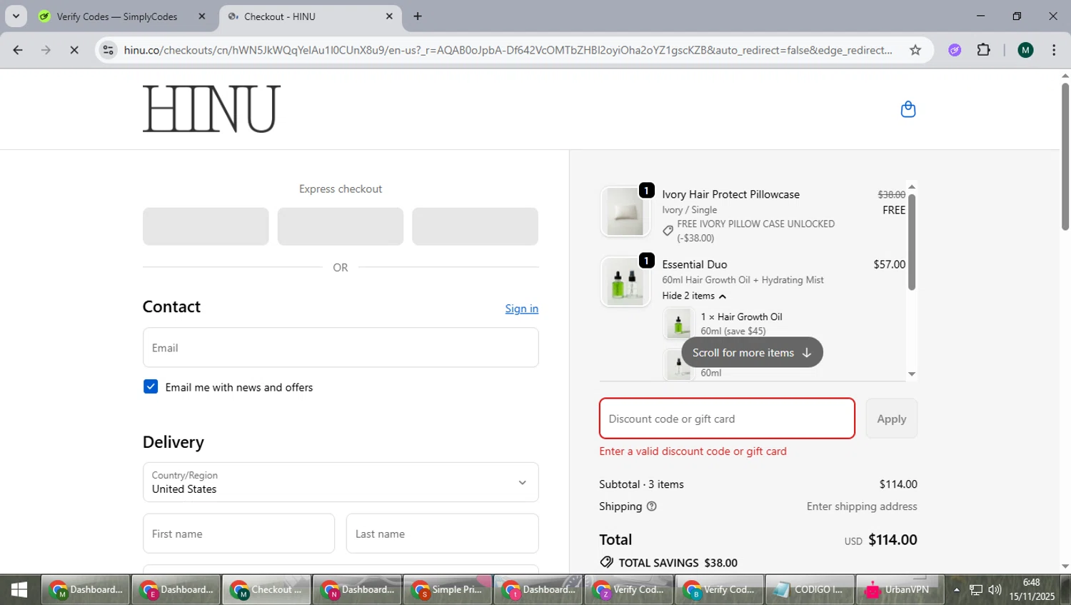 HINU promo code screenshot showing code WELCOME10 applied at HINU checkout page. Uploaded by SimplyCodes community member suieeloves on Nov 15, 2025