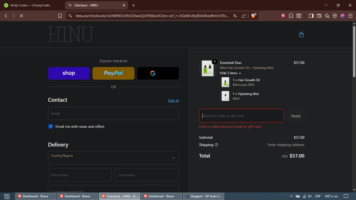 HINU promo code screenshot showing code 20OFF applied at HINU checkout page. Uploaded by SimplyCodes community member Alfred on Nov 15, 2025