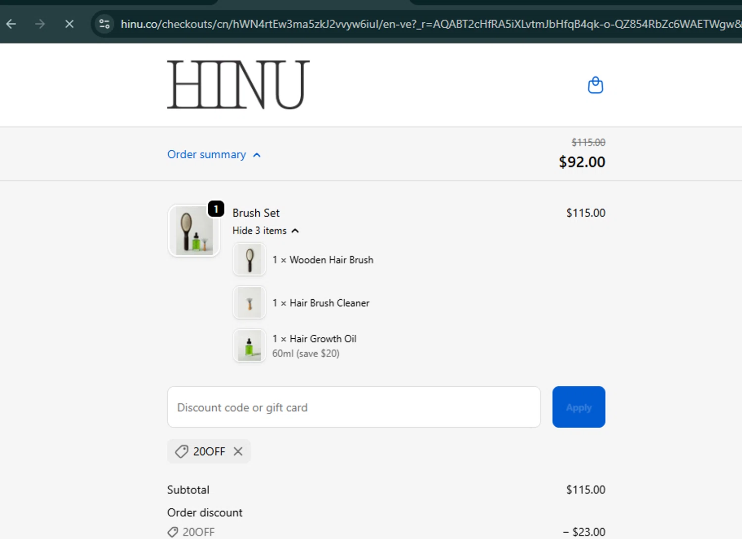 HINU promo code screenshot showing code 20OFF applied at HINU checkout page. Uploaded by SimplyCodes community member SalePro7215 on Nov 3, 2025