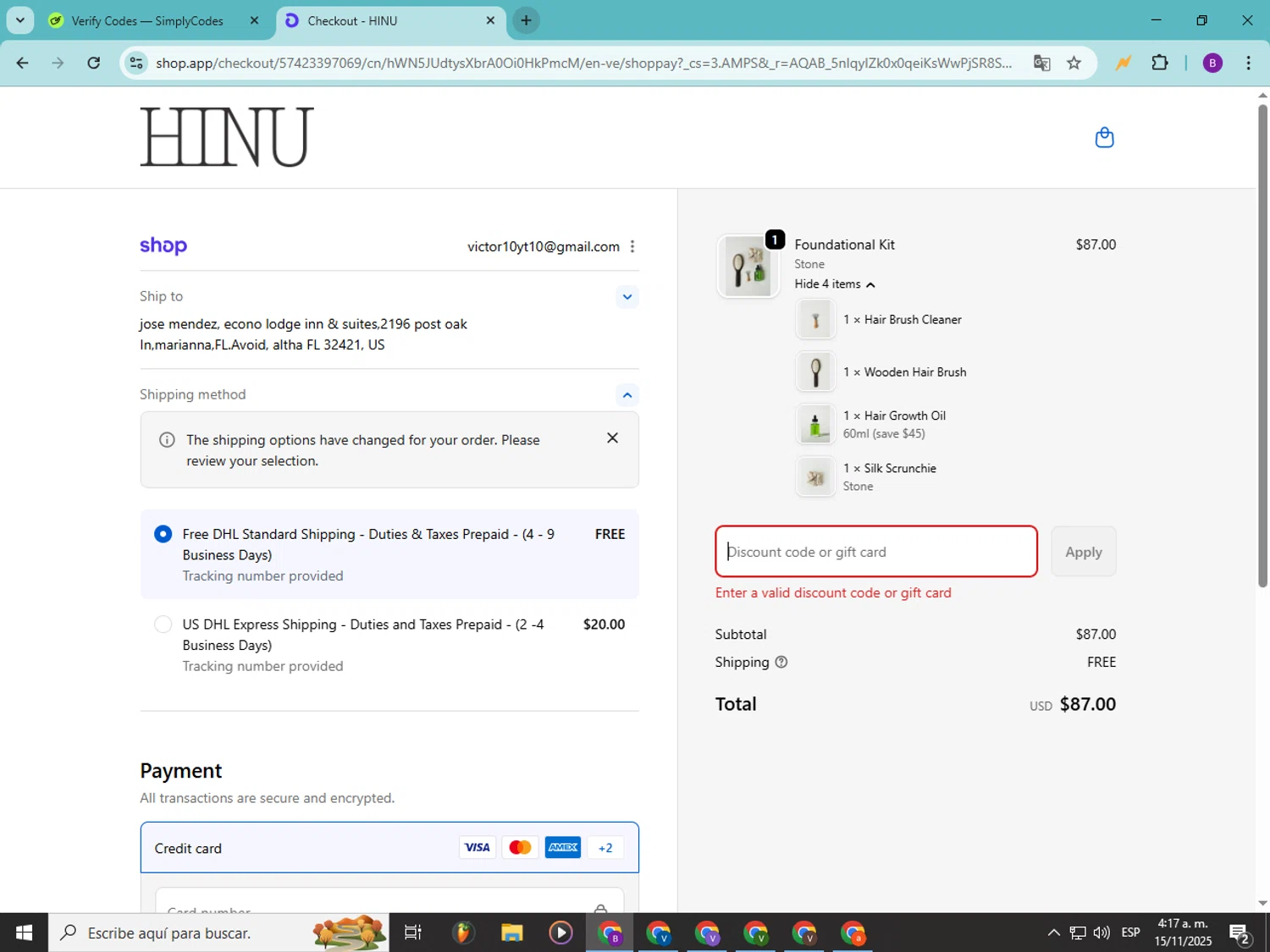 HINU promo code screenshot showing code 20OFF applied at HINU checkout page. Uploaded by SimplyCodes community member Soyvictor on Nov 15, 2025