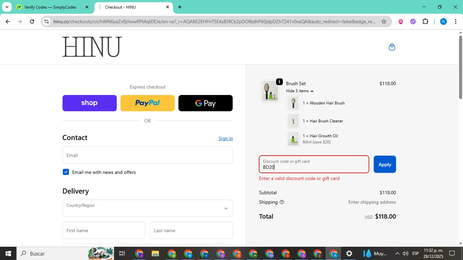 HINU promo code screenshot showing code BD20 applied at HINU checkout page. Uploaded by SimplyCodes community member CodeShopper8605 on Dec 29, 2025