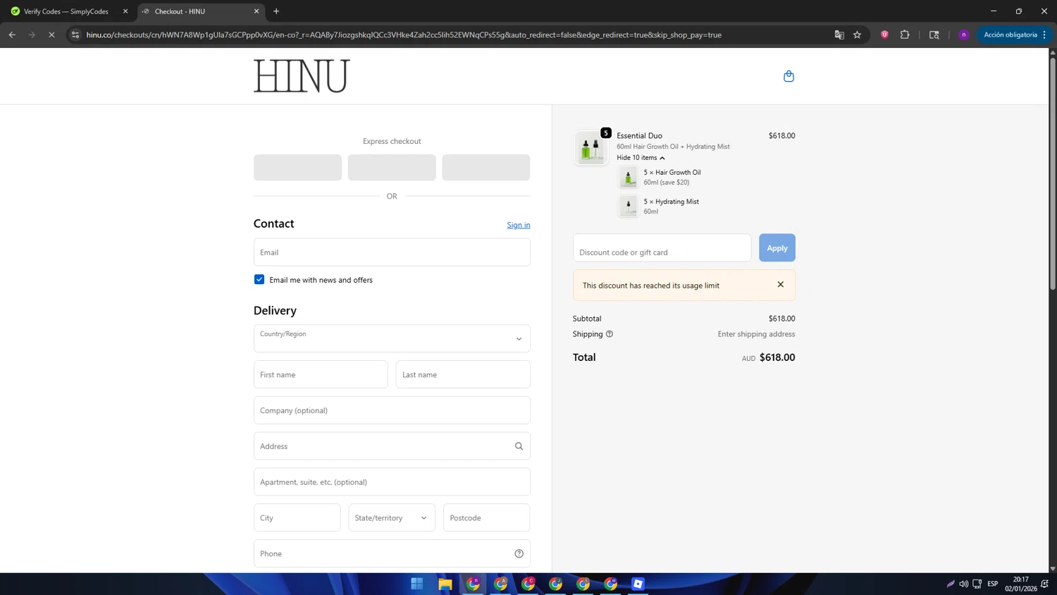 HINU promo code screenshot showing code M3L5M28C applied at HINU checkout page. Uploaded by SimplyCodes community member AVAMUSTANG on Jan 3, 2026