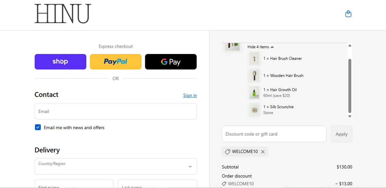 HINU promo code screenshot showing code WELCOME10 applied at HINU checkout page. Uploaded by SimplyCodes community member armalissolorzano1 on Dec 15, 2025