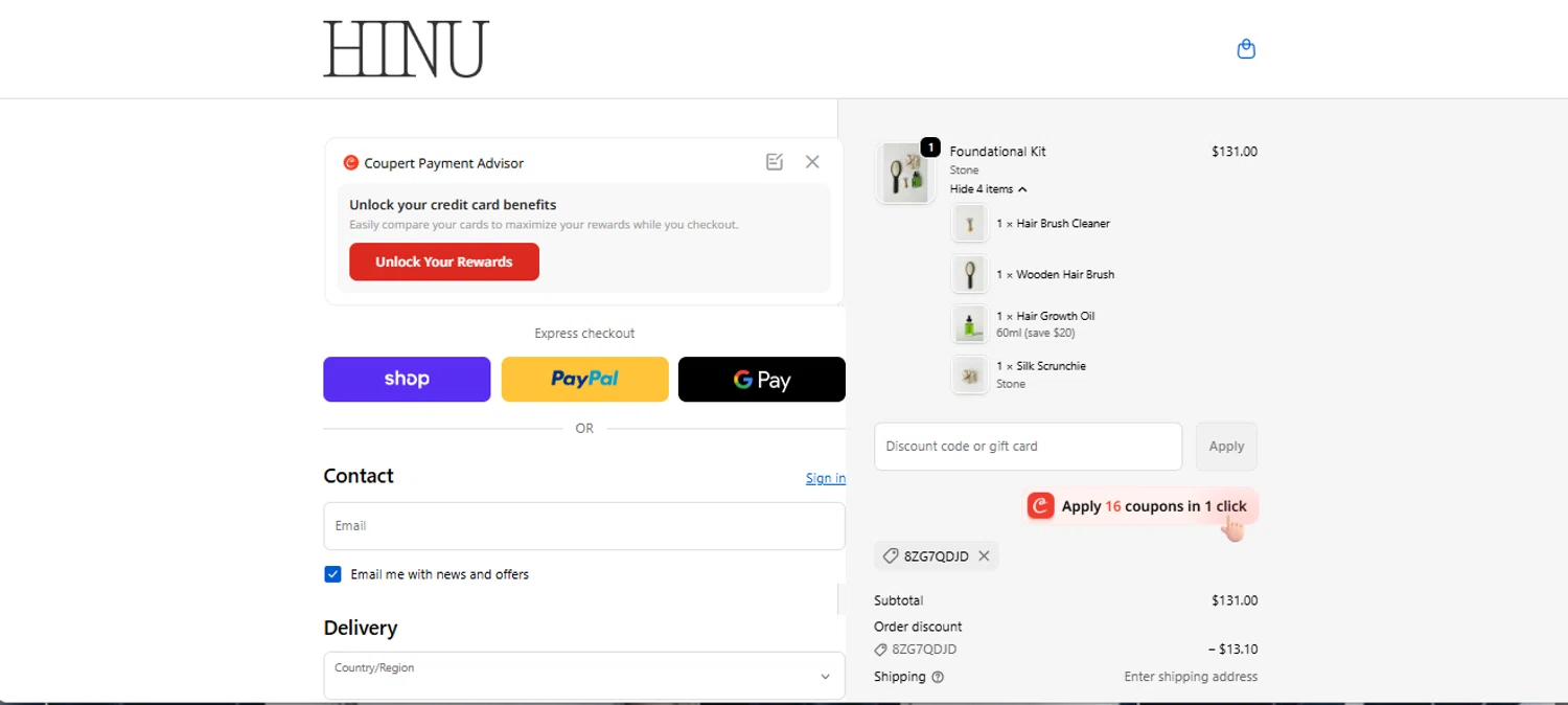 HINU promo code screenshot showing code 8ZG7QDJD applied at HINU checkout page. Uploaded by SimplyCodes community member armalissolorzano1 on Dec 23, 2025