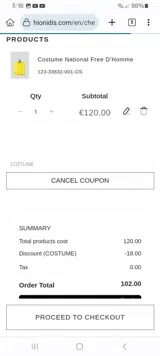 COSTUME coupon verification screenshot
