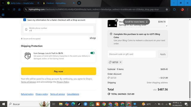 HipHopBling checkout page showing HipHopBling discount code box | Screenshot taken by SimplyCodes community member on Sep 1, 2025