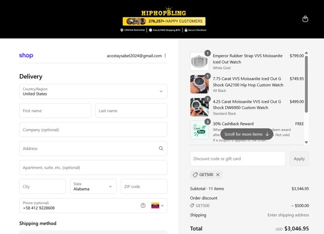 HipHopBling checkout page showing HipHopBling discount code box | Screenshot taken by SimplyCodes community member on Sep 1, 2025