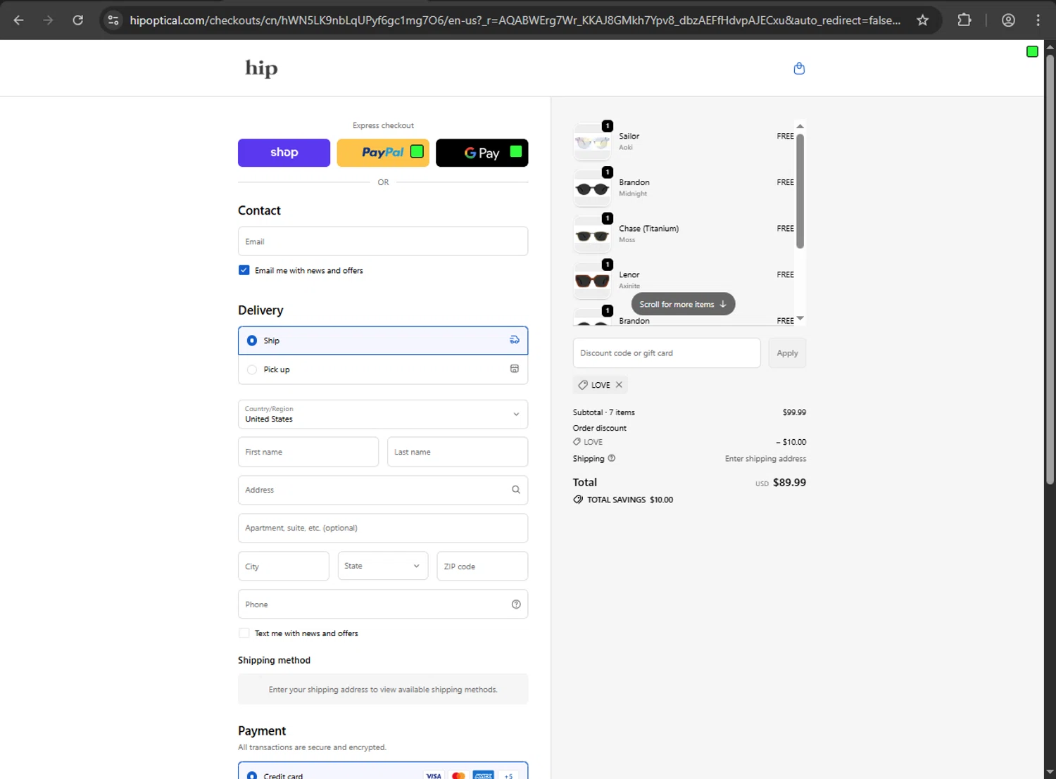 Hip Optical discount code screenshot showing code LOVE applied at Hip Optical checkout page. Uploaded by SimplyCodes community member MRDEAL on Nov 16, 2025