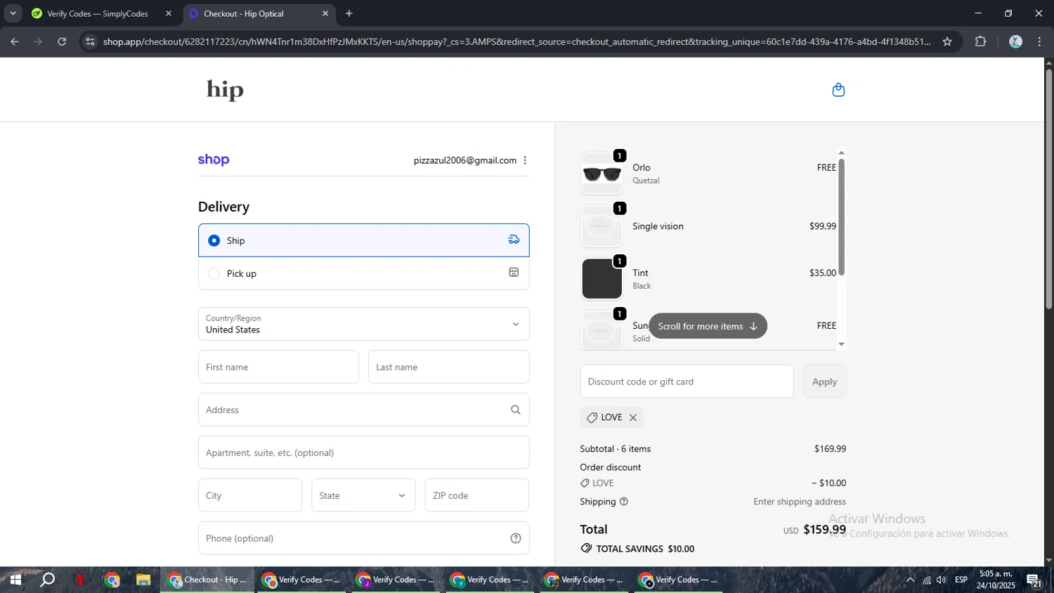 Hip Optical discount code screenshot showing code LOVE applied at Hip Optical checkout page. Uploaded by SimplyCodes community member ShrewdSeeker6165 on Oct 24, 2025