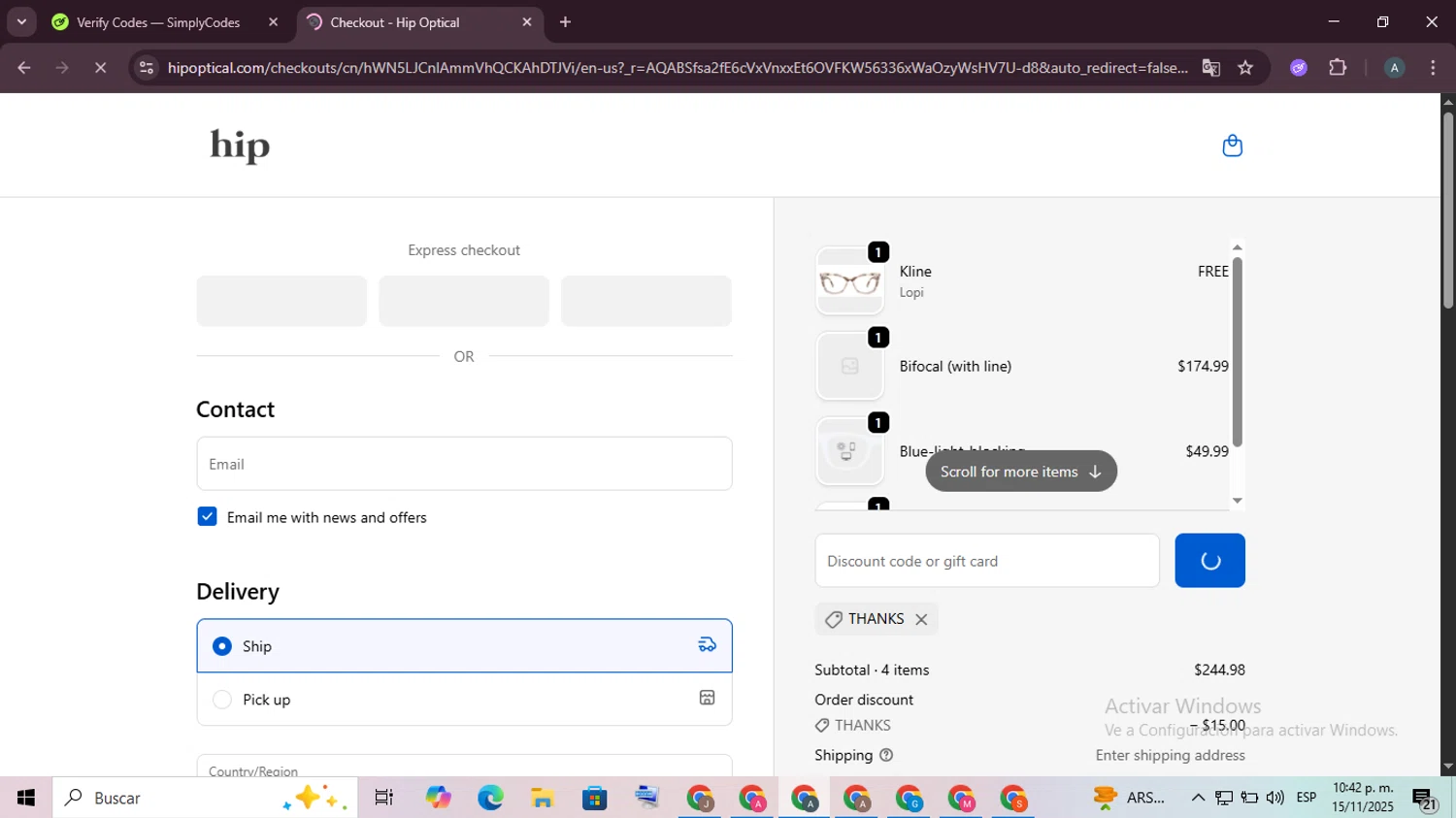 Hip Optical discount code screenshot showing code THANKS applied at Hip Optical checkout page. Uploaded by SimplyCodes community member ScanSpotter8851 on Nov 16, 2025