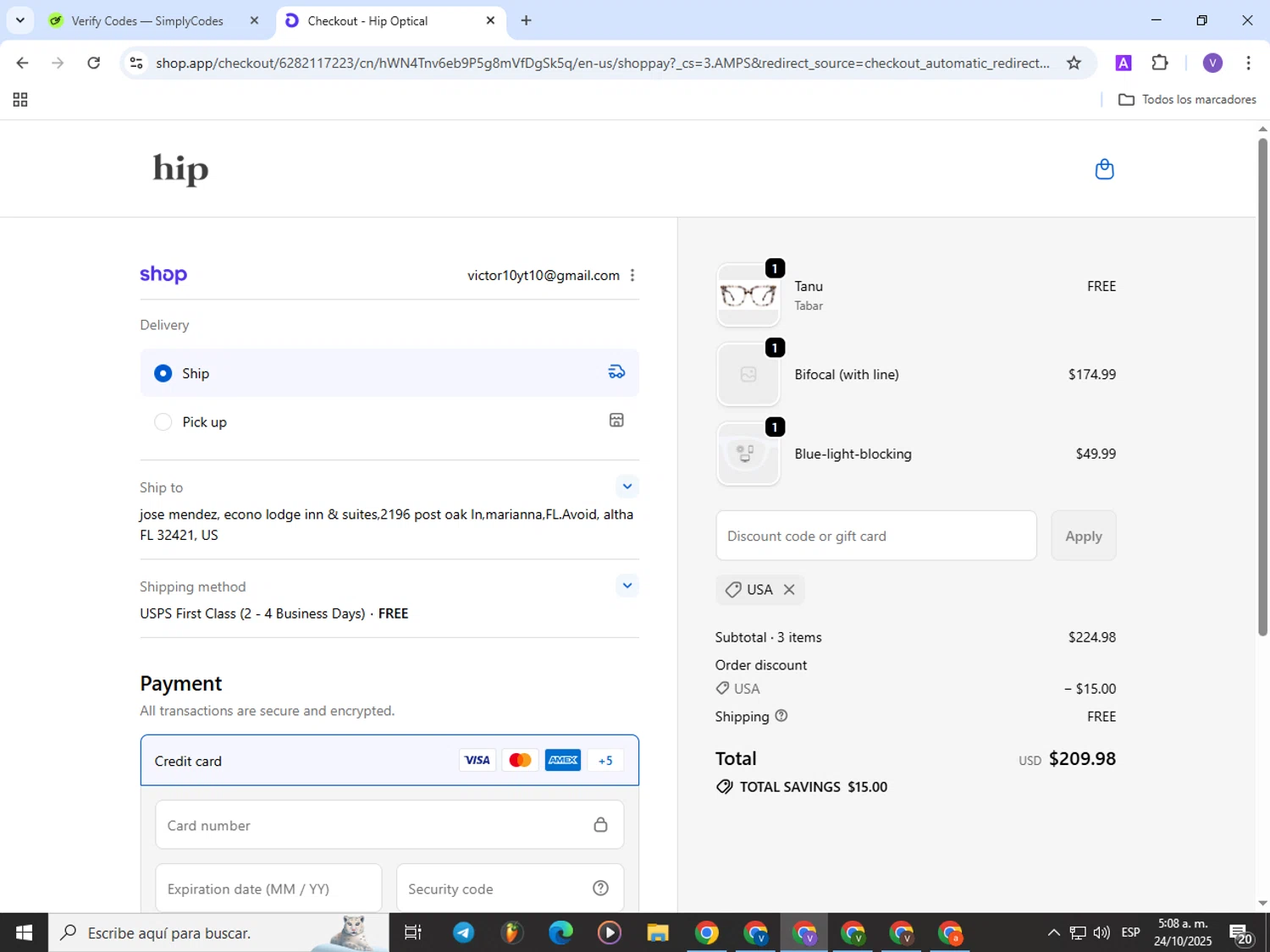 Hip Optical discount code screenshot showing code usa applied at Hip Optical checkout page. Uploaded by SimplyCodes community member Satoru_gojo on Oct 24, 2025