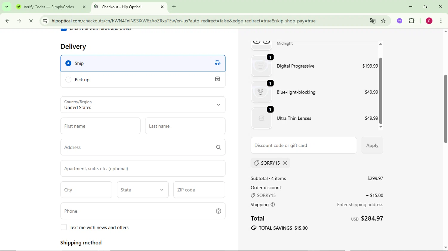 Hip Optical discount code screenshot showing code SORRY15 applied at Hip Optical checkout page. Uploaded by SimplyCodes community member CrownFinder3074 on Oct 24, 2025
