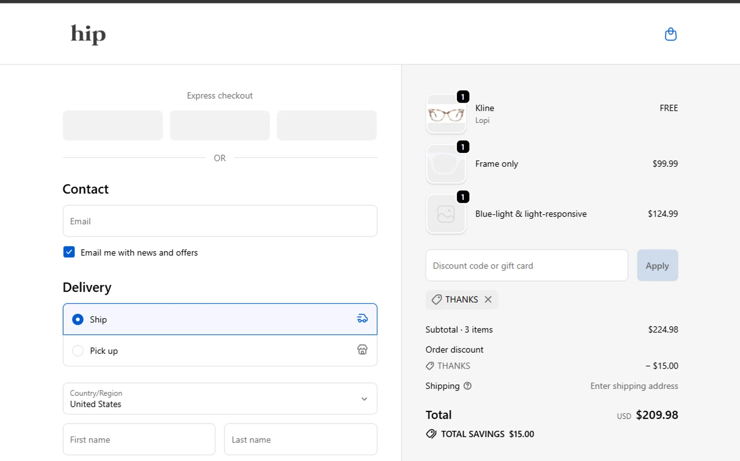 Hip Optical discount code screenshot showing code THANKS applied at Hip Optical checkout page. Uploaded by SimplyCodes community member Bluelabel on Sep 20, 2025