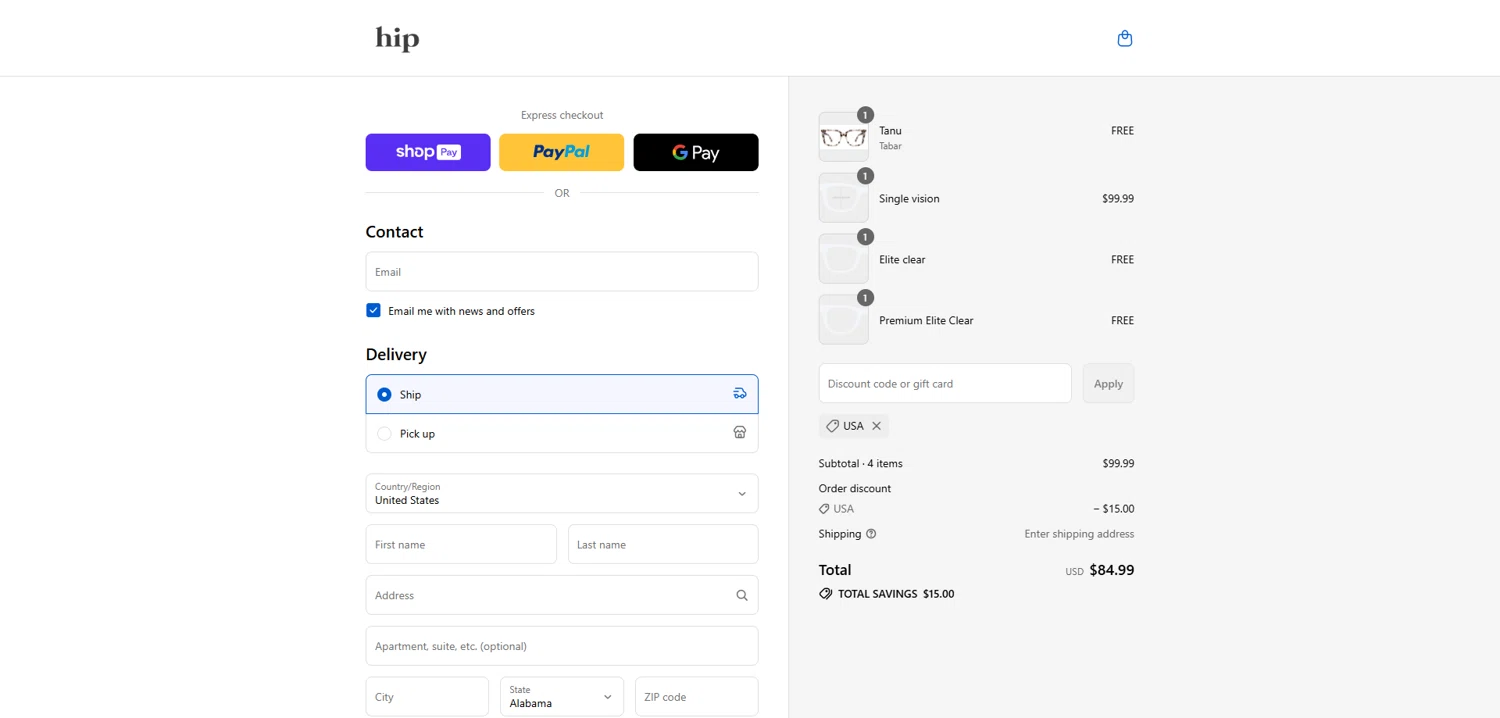 Hip Optical discount code screenshot showing code usa applied at Hip Optical checkout page. Uploaded by SimplyCodes community member Dorothy on Aug 20, 2025