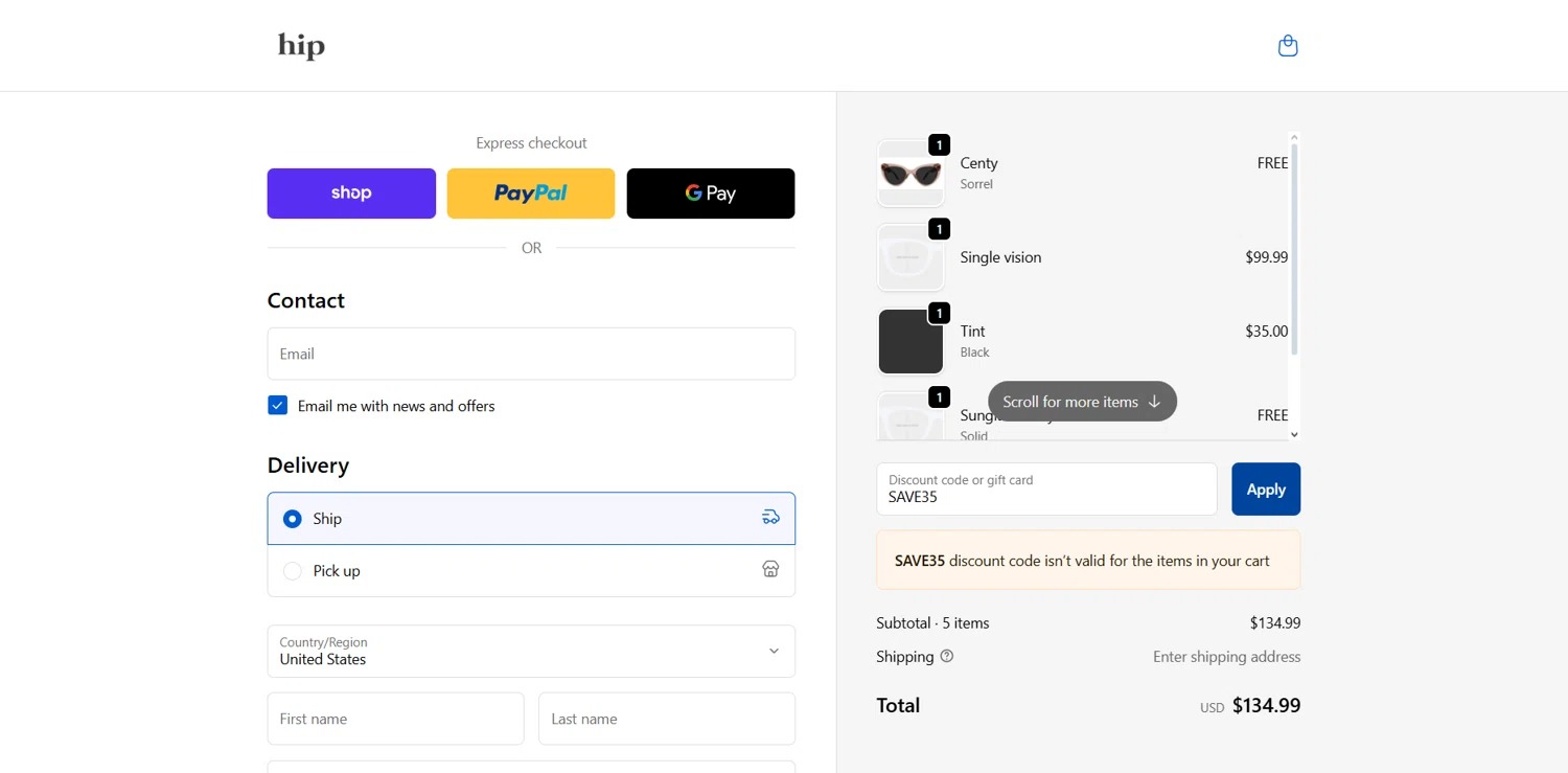 Hip Optical discount code screenshot showing code SAVE35 applied at Hip Optical checkout page. Uploaded by SimplyCodes community member Dorothy on Sep 18, 2025