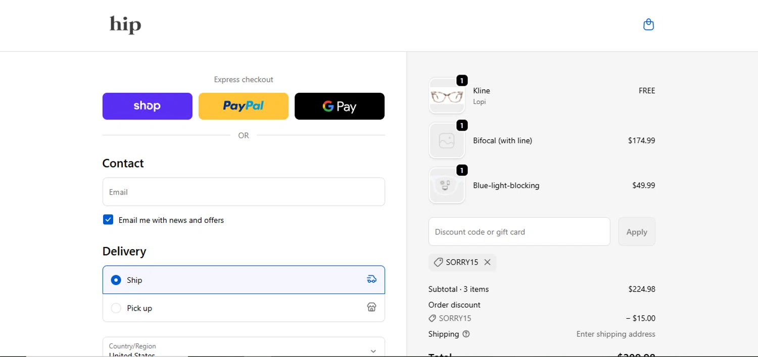 Hip Optical discount code screenshot showing code SORRY15 applied at Hip Optical checkout page. Uploaded by SimplyCodes community member juanisaac on Oct 4, 2025